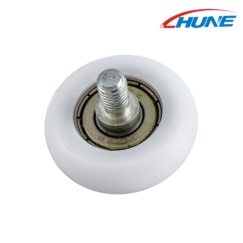 R berbentuk dengan skru skru aci yang mengandungi roda tekanan pintu gelangsar yang tahan pulley